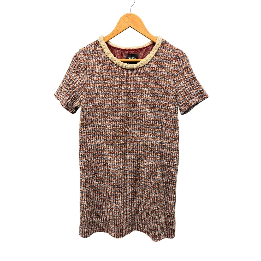 Zara Mini Dress Women's Size M Multicolor‎ Tweed Short Sleeve Shift Textured